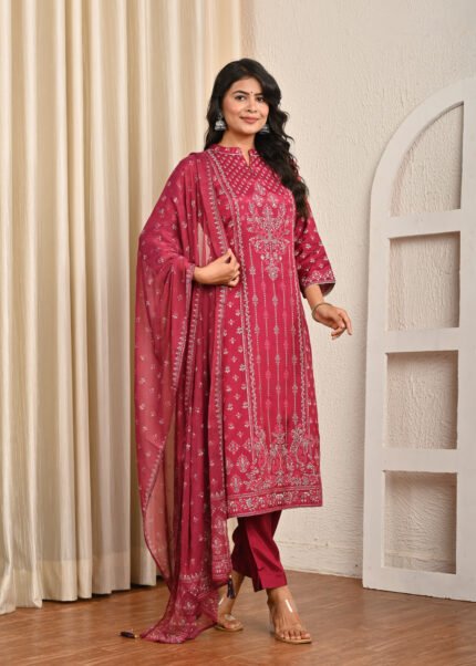 Wine Color Printed Santoon Straight Kurta Pant And Dupatta Suit Set