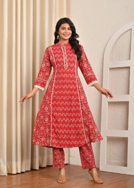 Cotton Printed R.Mahroon A Line Kurta Pant Set