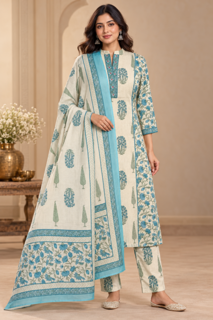Woman's Blue Cotton Printed Kurta Pant And Dupatta Set