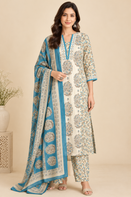 Blue & Cream Color Slight A-Line Printed Kurta Pant And Dupatta Suit Set
