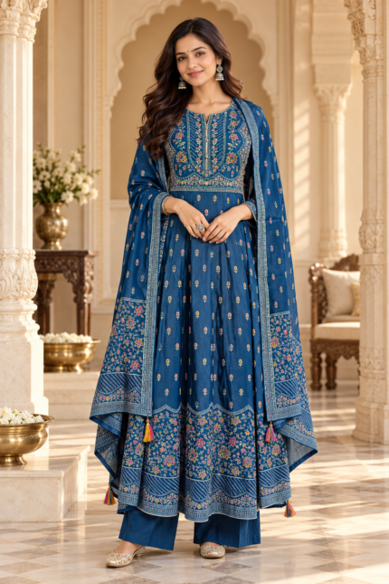 Women’s Blue Screen Printed Mal Chanderi Flared Anarkali-style kurta Suit Set