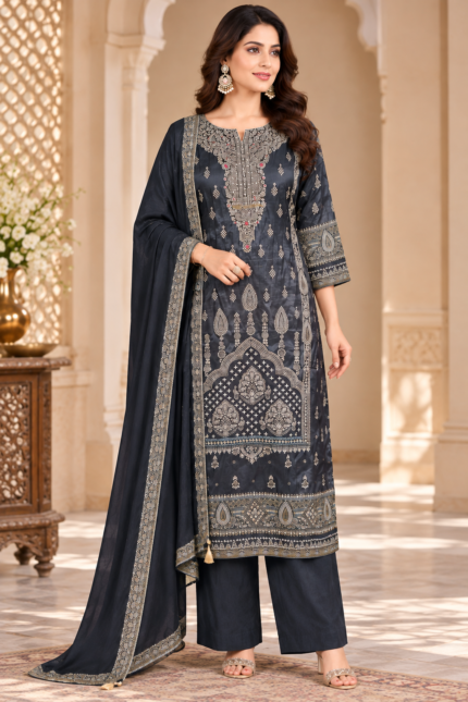 Grey Santoon Screen Printed Straight Kurta, Pant & Dupatta Set