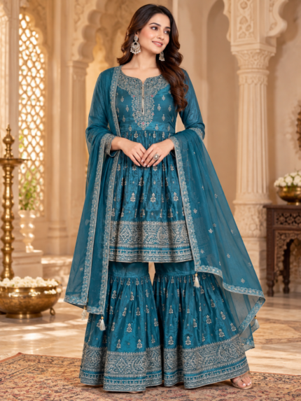 Women's Teal Green Santoon Printed Kurta With Garara & Dupatta Set