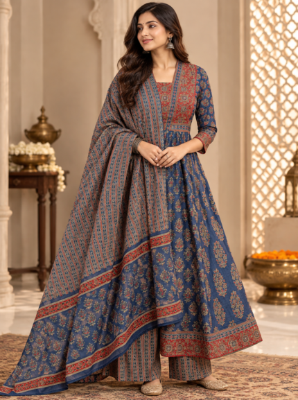 Women’s Cotton Blue Ethnic Anarkali Suit Set